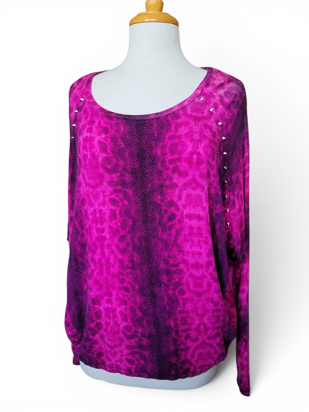 Michael Kors Fuchsia Animal Print Top With Studs And Dolman Sleeves S/M